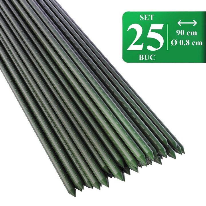 Set 25 araci/suport pentru rosii, castraveti, fasole, metal + PVC, verde, 90x0.8 cm, Artool
