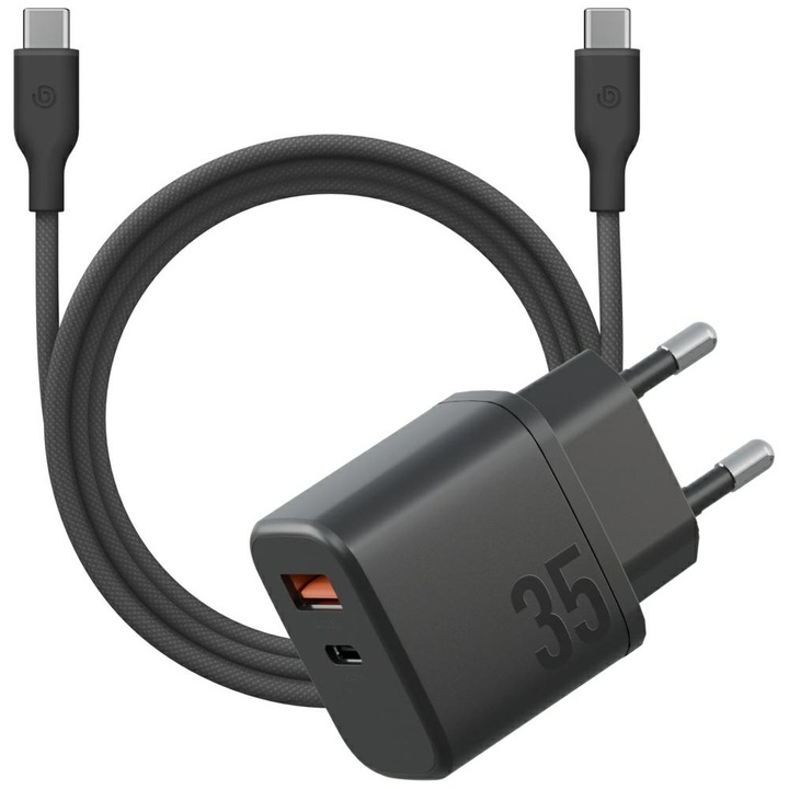Incarcator de perete ENERGEA Goport Velox Kit 1xUSB-C 1xUSB-A 35W cu cablu negru