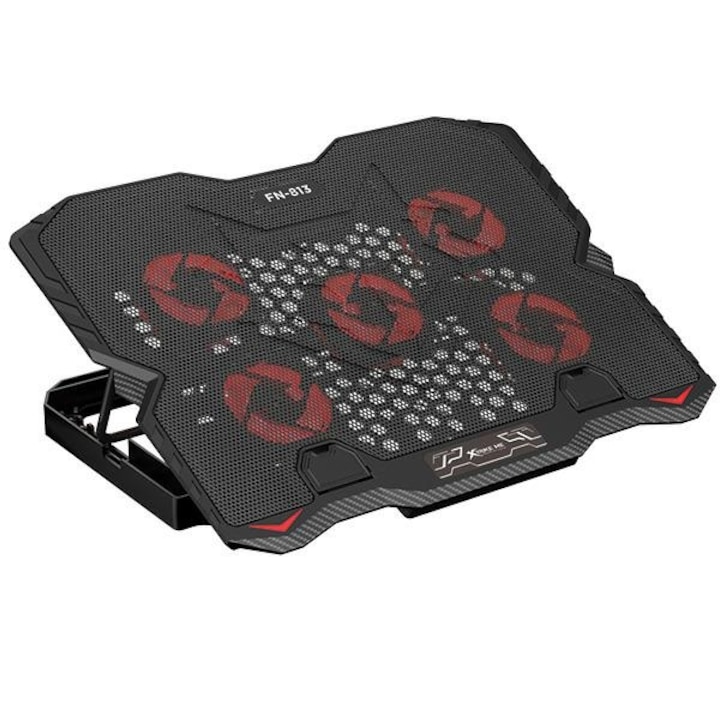 Cooler laptop gaming XTRIKE ME FN-813, Compatibil cu laptop de maxim 16 inch, 5 vemtilatoare, 3200 rpm, 2xUSB, Iluminare LED rosu, Ajustabil, 360 x 270 x 32mm, Negru