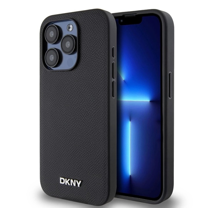 DKNY PU Leather Silver Metal Logo Magsafe tok iPhone 15 Pro Max készülékhez fekete