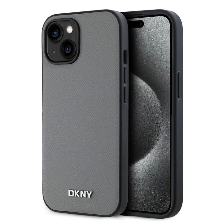 DKNY PU Leather Silver Metal Logo Magsafe tok iPhone 14 készülékhez szürke