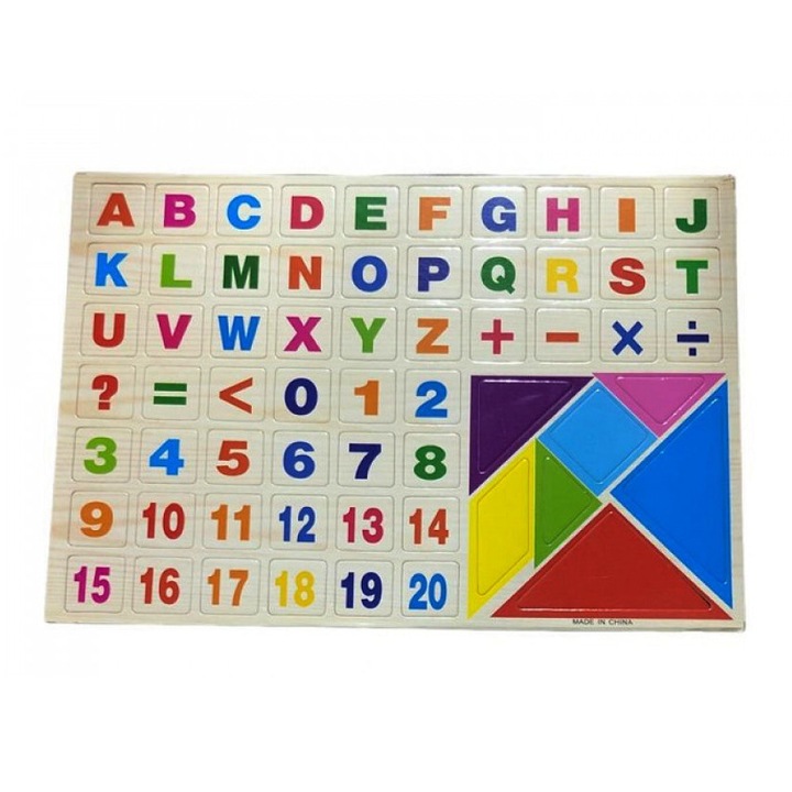 Set magneti din lemn, litere, cifre, forme geometrice si semne matematice - 61 piese