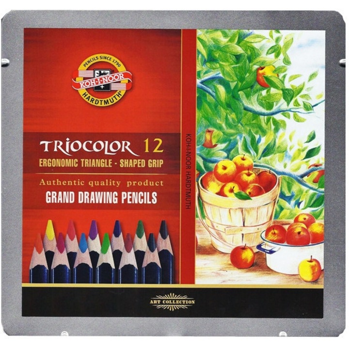 Set 12 creioane pastelate triunghiulare, 4 mm, multicolor, 192x184x10mm