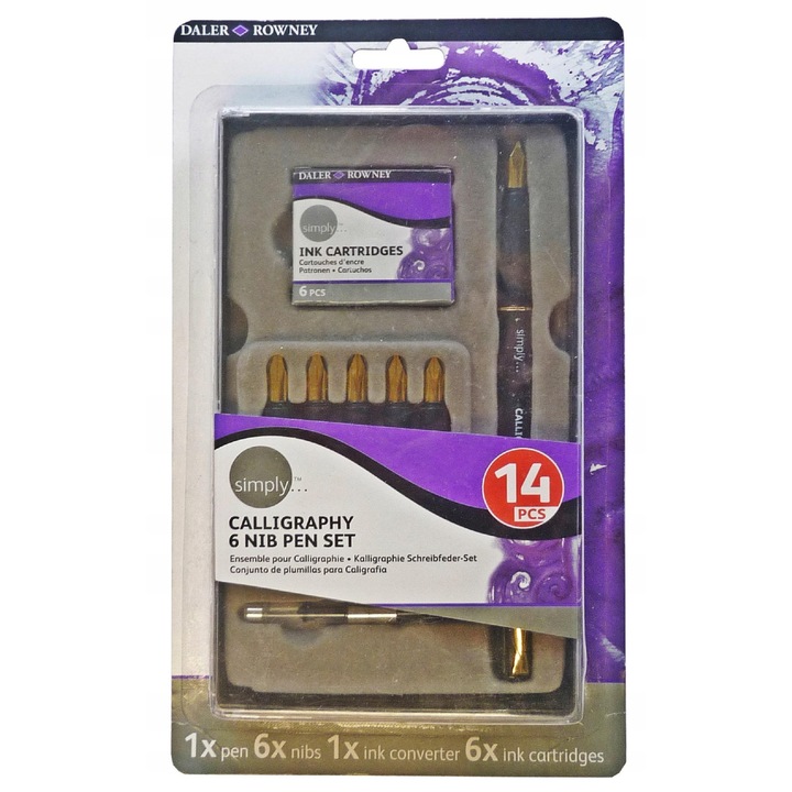 Set de caligrafie Rowney 14 piese, 6 stilouri, conector, cartuse