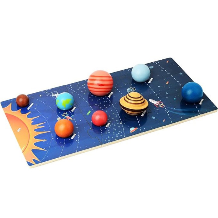 Sistemul Solar din lemn cu 8 Planete si 3 planse, Montessori, SALLMA®
