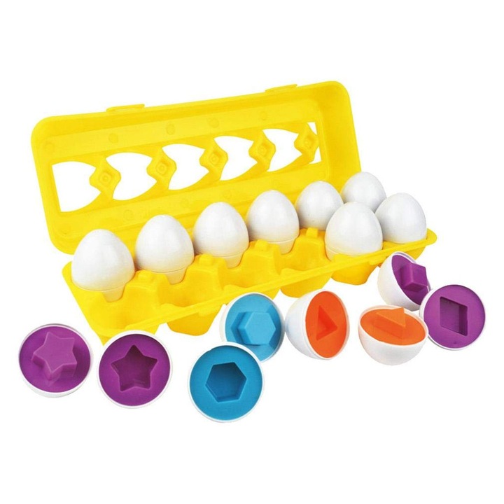 Set 12 oua in cofraj cu forme geometrice, joc Montessori de asociere si logica, SALLMA®