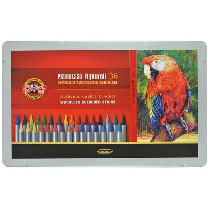 Set de 36 creioane acquarelle Progresso, colorate, ambalaj metalic