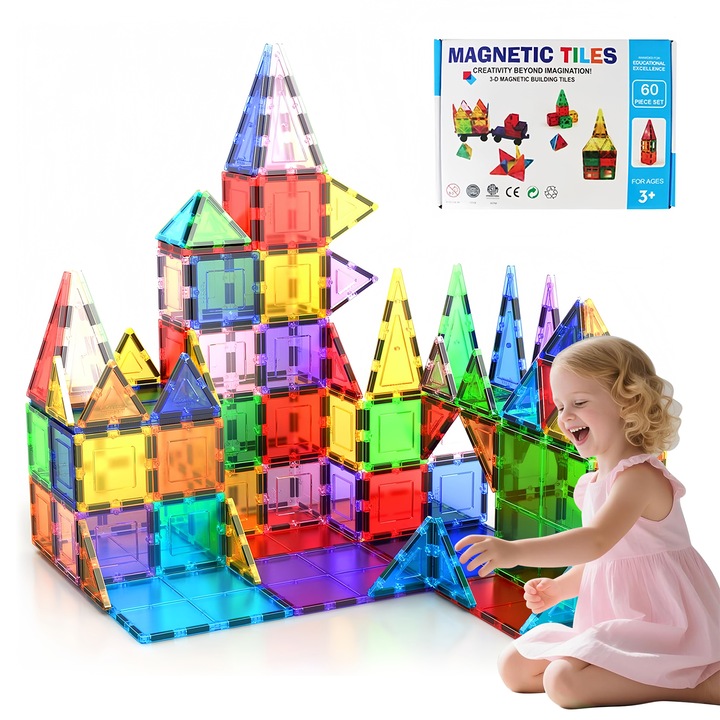 Set de constructie cu placi magnetice, Wacorresi®, set de Constructie Magnetic include 60 de Piese, jucarii educationale pentru copii, numeroase Posibilitati de Construit Creativ, Dezvoltarea Abilitatilor Motrice si a Imaginatiei, 3 ani +, multicolor