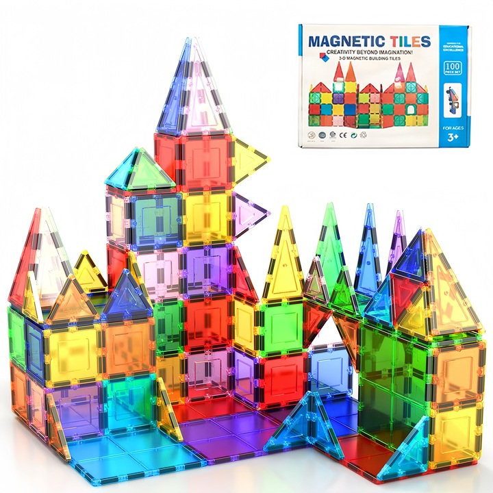 Mágneses táblaépítő készlet, Wacorresi, Mágneses építőkészlet 100 darabos, Oktatójátékok gyerekeknek, Számos kreatív építési lehetőség, Motoros készségek és képzelet fejlesztése, 3 éves kortól, Többszínű