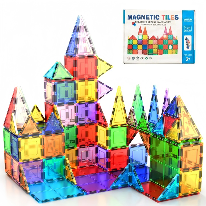 Mágneses táblákkal ellátott építőjáték, Wacorresi, 120 darabos mágneses építőjáték készlet, oktató játékok gyerekeknek, számos kreatív építési lehetőség, motoros készségek és képzelet fejlesztése, 3 éves kortól, többszínű