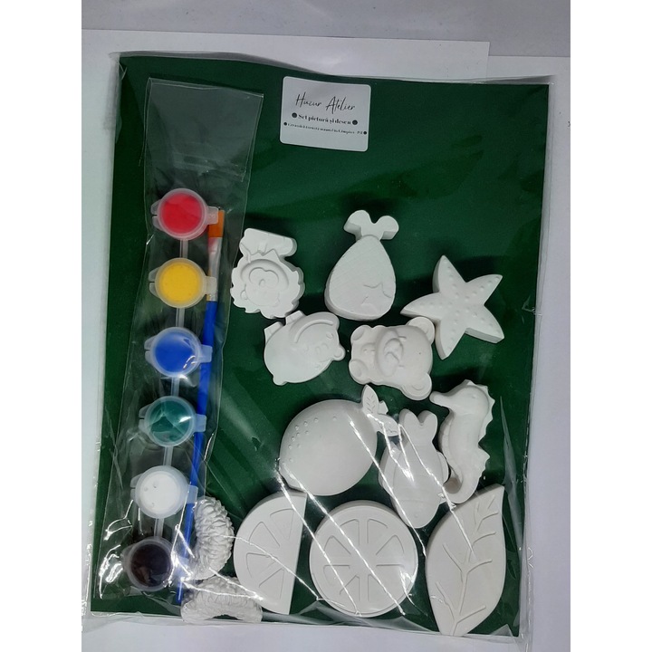 Set complet de pictat 13 figurine din ceramica, culori si pensula, 25x19cm, 300gr, handmade, Huzur Atelier