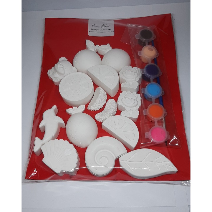 Set complet de pictat 13 figurine din ceramica, culori si pensula, 25x19cm, 300gr, handmade, Huzur Atelier