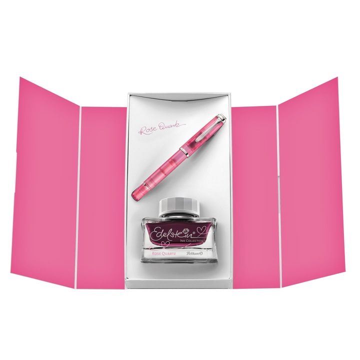 Pelikan töltőtoll, M205 Rózsakvarc, rózsaszín, ezüst díszítőelemekkel, Edelstein tintás Rózsakvarc kittel