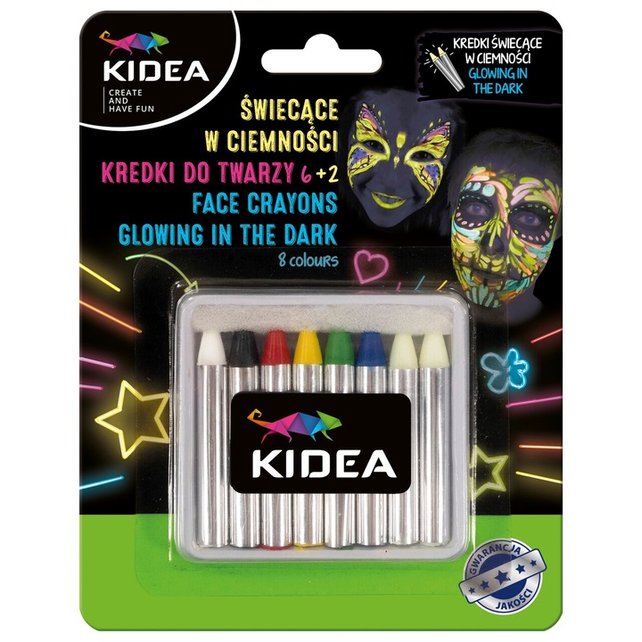 Kidea arcfesték ceruzák, 8 színű készlet, 2 sötétben világító, ergonomikus