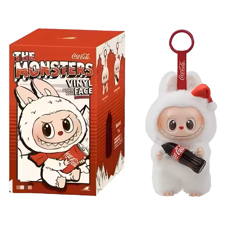 Figurina LaBubu – personaj Surprise Shake (alb-rosu), Colectia Coca Cola, plus cu cap rotativ, 12cm breloc decorativ & jucarie colectionabila, varsta min. 3ani+ ANGMAD