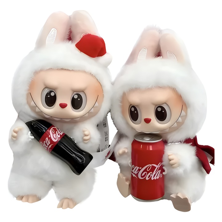 Figurina LaBubu – personaj Surprise Shake (alb-rosu), Colectia Coca Cola, plus cu cap rotativ, 12cm breloc decorativ & jucarie colectionabila, varsta min. 3ani+ ANGMAD