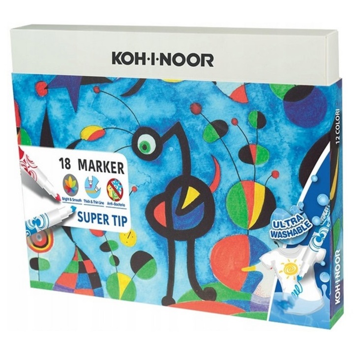 Set carioci Koh-I-Noor, 18 culori, antibacteriene, tus pe baza de apa