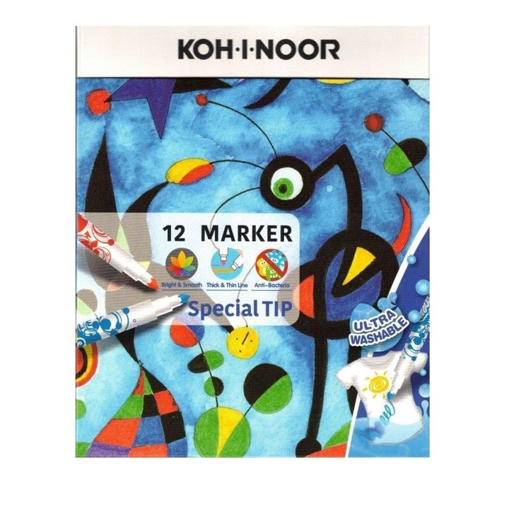 Set carioci Koh-I-Noor 12 culori, nasycona, cu varf special, antibacteriene