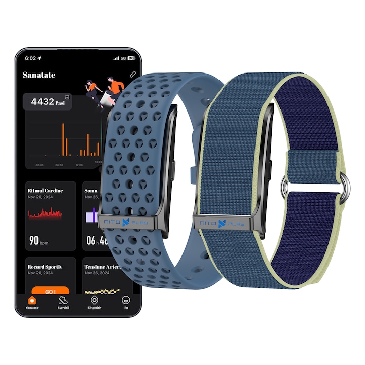 Nitoplay® Умна фитнес гривна, 2 сини каишки, Bluetooth, GPS, Android/iOS, румънско меню, 35 дни живот на батерията, водоустойчивост IP68, известия, пулс, кръвно налягане, SpO2, сън, стрес, калории, стъпки, менструация, 100+ спорта, магнитно зареждане