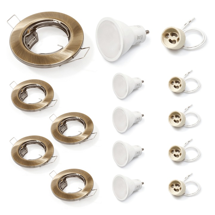 Set: 5x corp de iluminat cu halogen ascuns din alama TASI + bec LED 5W 4500K + soclu GU10