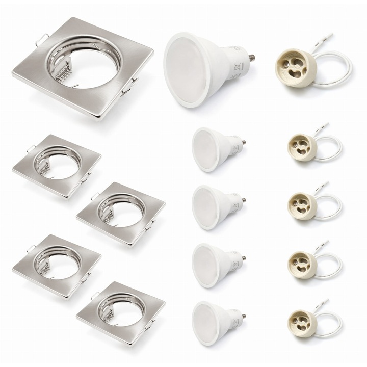 Set: 5x halogen flush fix satinat ATIS corp de iluminat + bec LED 5W 4500K + soclu GU10