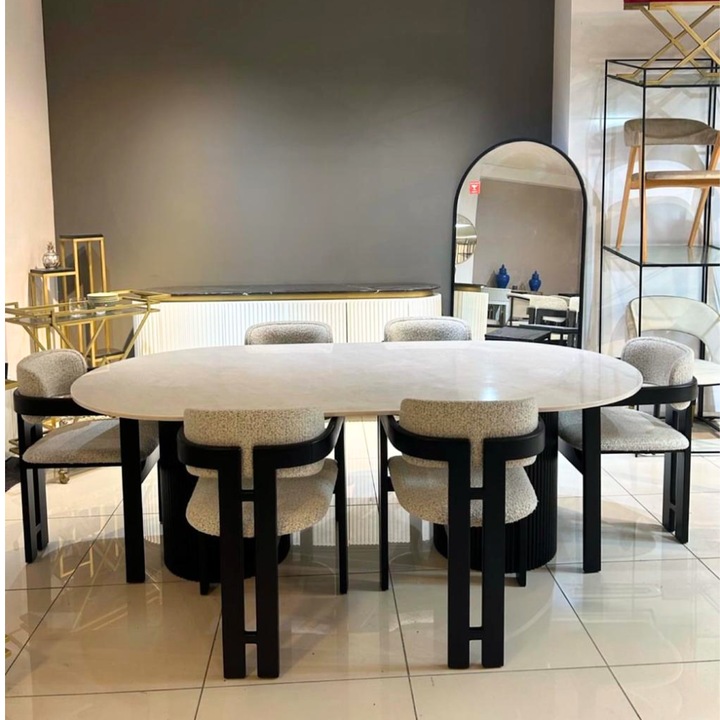 Set Masa Dining din Piatra Naturala cu Picioare Riflate de Lemn si 6 Scaune Personalizate din Lemn Masiv, White Marble 200x100x75cm