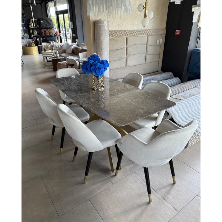 Set Masa Dining din Piatra Naturala si 6 Scaune Personalizate, Beige White Marble 180x90x75cm