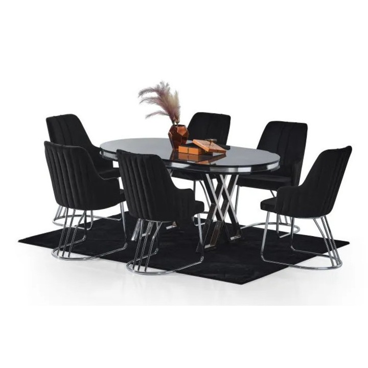 Set masa Modela Velvet ovala gri antracit argintiu cu 6 scaune Negru