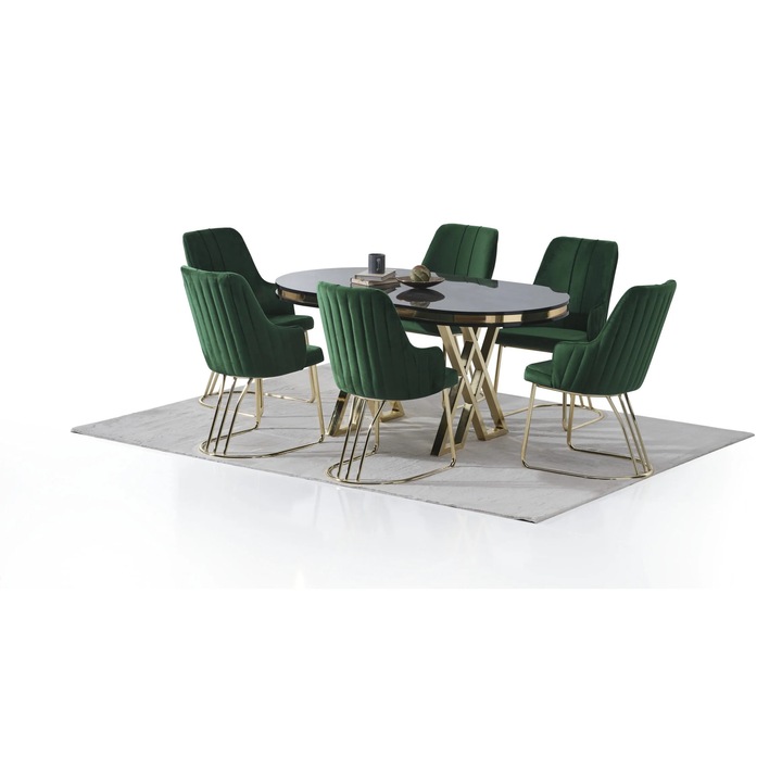 Set masa Modela Velvet ovala gri antracit auriu cu 6 scaune Verde