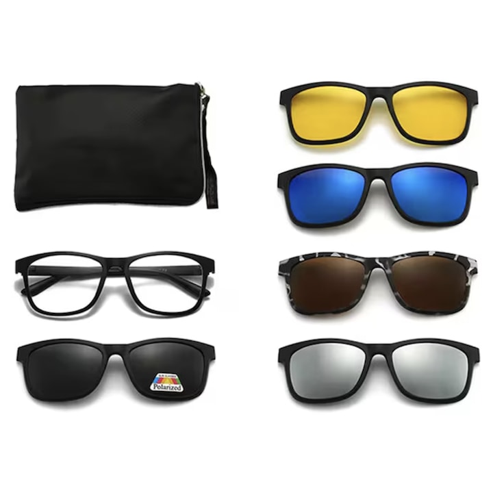 Set ochelari de soare cu 5 lentile polarizate magnetice de diferite culori, ideali si pentru condus, model unisex. Gentuta inclusa