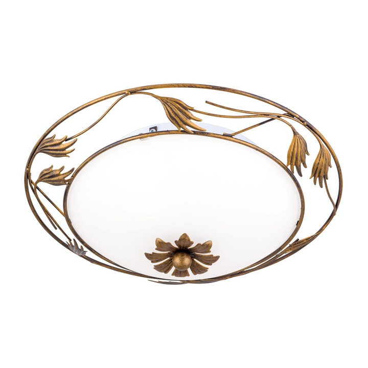 Таванна лампа FLEUR, с абажур от опалово-матово стъкло, E27 2x40W стомана с антично златисто покритие, 40 см IP20 ORION