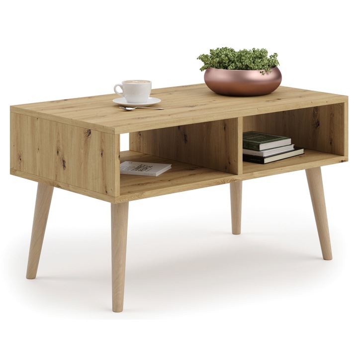 Masa de cafea Sandi, Kobi, design scandinav, 18mm, lemn de fag, culoare stejar