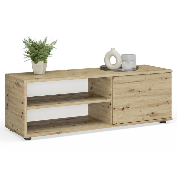 Comoda RTV VIVA, 110 cm, culoare stejar artisan, cu usi batante, pentru autoasamblare