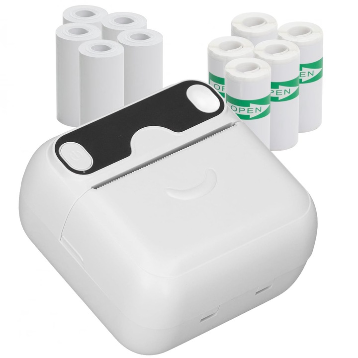 Мини преносим принтер, awwaline, бял, Bluetooth, приложение за телефон, съвместим с IOS/Android, термо, без тонер, вградена батерия, 5 самозалепващи ролки + 5 обикновени ролки включени