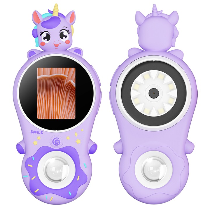 Детски микроскоп, 500X, 1080P, 2 милиона пиксела, 2-инчов IPS екран, макро обектив, сладка форма, фото/видео, 400mAh, USB, компактен и преносим, лилав