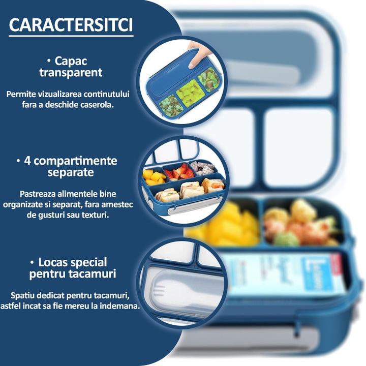 Caserola compartimentata NEXTLY, 4 compartimente, anti-scurgere, roz, 22.5x16x6.5cm, 1300ml