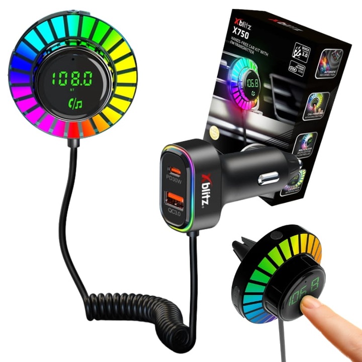 FM adó kihangosító szett, xblitz, x750, Bluetooth 5.3 technológiával (akár 10 m hatótávolság), FM frekvenciatartomány 87,5–108,0 MHz, 12/24 V tápegység, USB-A port Qc 3.0 5V/3A, 9V/2A, 12V/1,5A (max. 18 W), 60 x 58 x 32 mm, többszínű