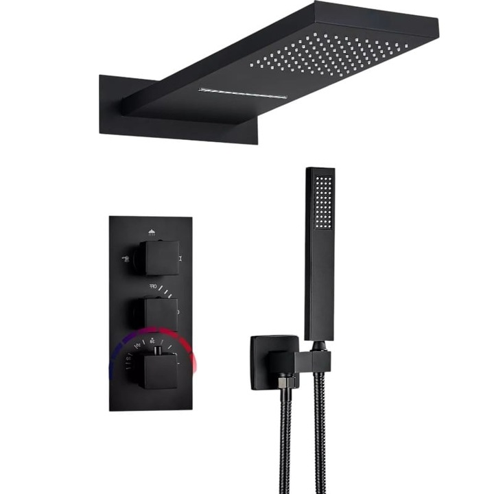 Sistem de Dus Baie BisDesign®, Incastrabil cu Termostat, Functie Cascada si Ploaie, Finisaj Negru Mat, Para Dus Perete 55x22 cm