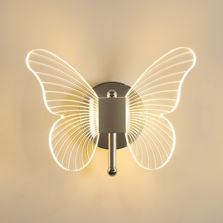 Модерна LED стенна лампа с дизайн „пеперуда“, Goeco, акрил/метал, регулируема нощна лампа в 3 цвята, 3000K-6500K, хром