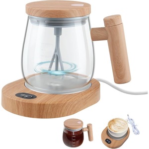Cana cu amestecare electrica si Incalzitor Aurov, Sticla borosilicata, Mixer activat prin buton, Capac detasabil, 400ml, Transparent/Maro
