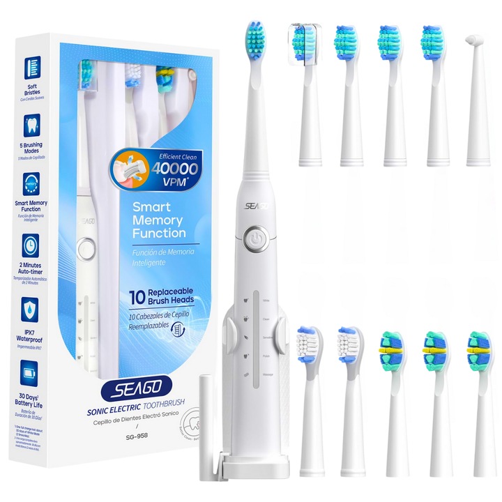 Periuta dinti electrica sonica, Danesso®, Pentru adulti si copii, 10 capete soft incluse, 40.000 pulsatii / min, 5 moduri de functionare, Functie de memorare, Timer inteligent, Rezistenta la apa IPX7, Alb