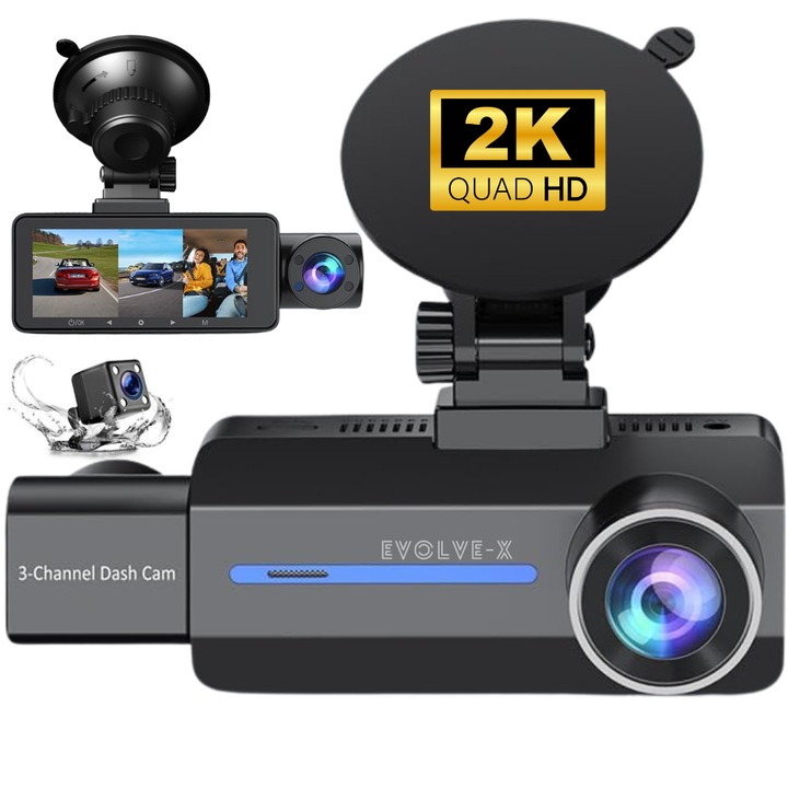 Evolve-x® RVision X2K Тройна автомобилна DVR камера, видеорегистратор, 2K Quad HD 1440p, нощно виждане с WDR, G-сензор, регулируем цикличен запис, 170° широкоъгълен ъгъл, 3.16-инчов екран, HD камера за задно виждане и вградена камера за интериор, черна