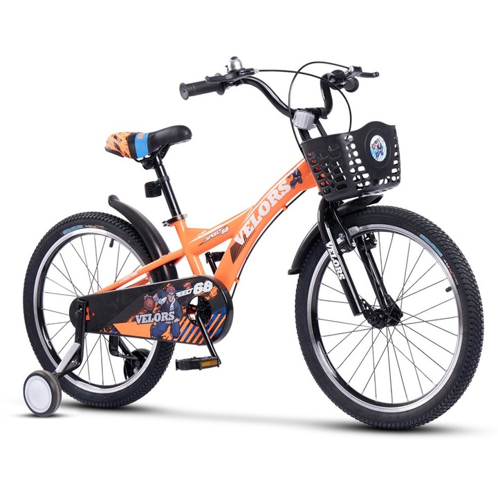 Детски велосипед Velors, 7-10 години Kids BMX Speed JSX2001, 20" колела, предни V-Brake спирачки, задни барабанни, широки MTB гуми, помощни колела, оранжев