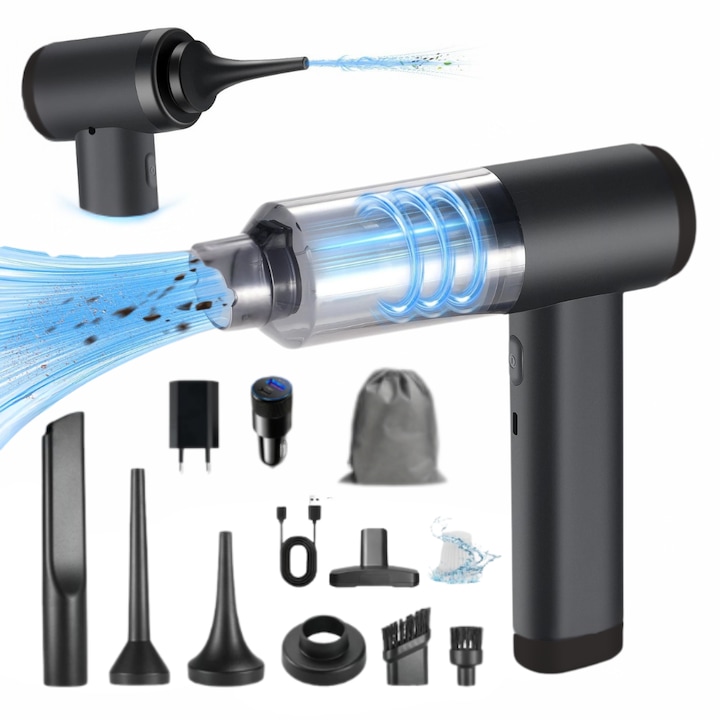 Aspirator Auto de mana portabil cu acumulator 3 in 1 Binovation®, Functie Suflanta, Functie Aspirare, Functie Pompa, Putere 100W, 16000 Pa, 3 Filtre HEPA, Accesorii incluse, Acumulator 6000 mAh, 100.000 rot/min, incarcare Type-C, Negru