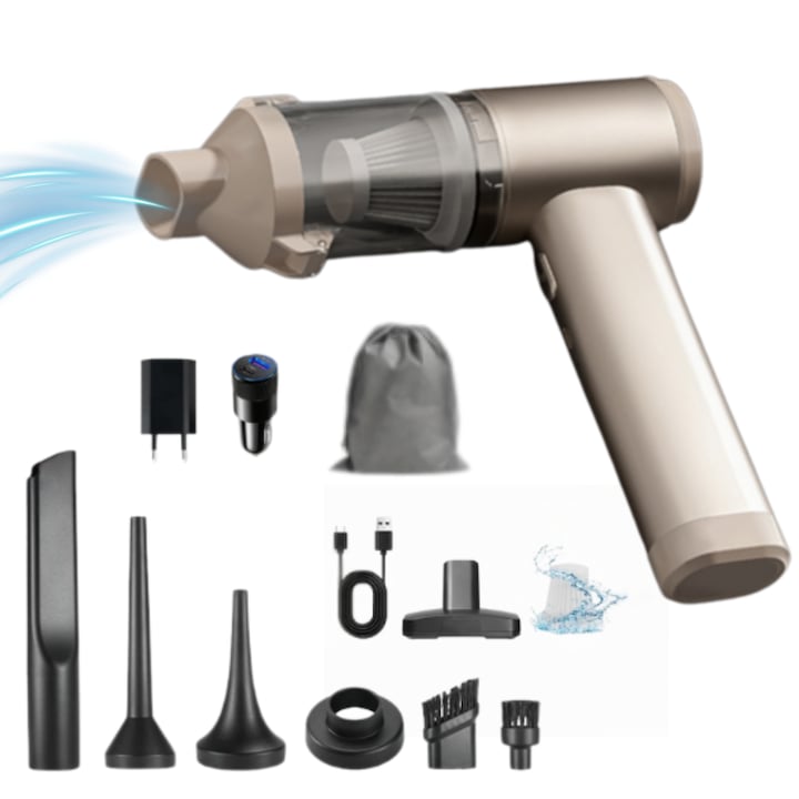 Aspirator Auto de mana portabil cu acumulator 3 in 1 Binovation®, Functie Suflanta, Functie Aspirare, Functie Pompa, Putere 100W, 16000 Pa, 3 Filtre HEPA, Accesorii incluse, Acumulator 6000 mAh, 100.000 rot/min, incarcare Type-C, Auriu