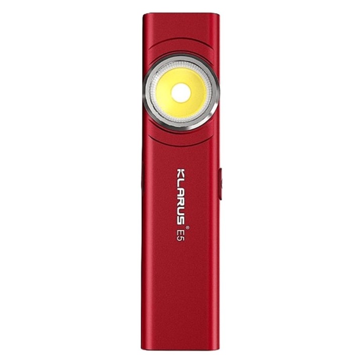 Lanterna EDC Klarus E5, 600 lm, baza magnetica, clips, incarcare USB-C, EDC, dublu LED pentru apropiere si distanta, rosu