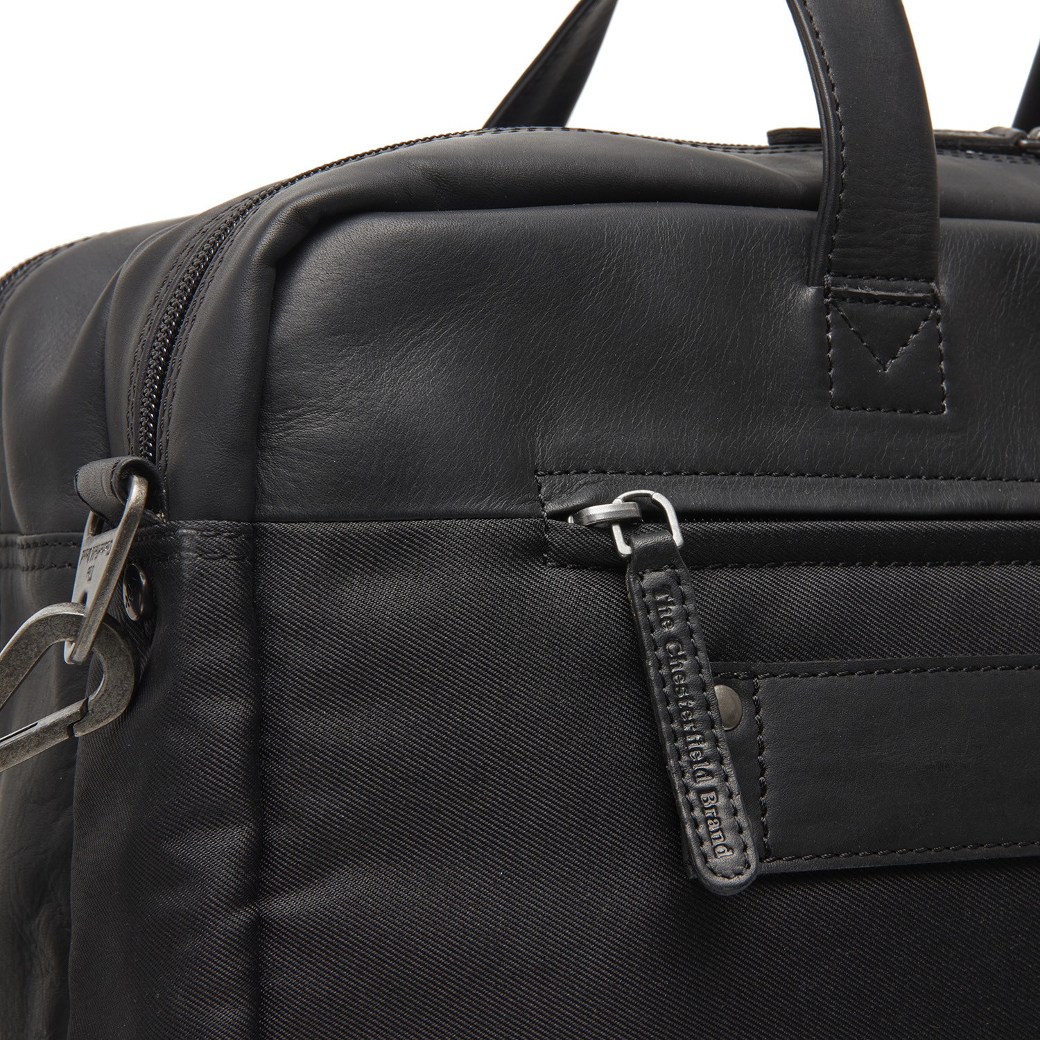 Geanta laptop The Chesterfield Brand Nivano, piele naturala si nylon, negru, pentru laptop 17 inch, 40x7x30cm