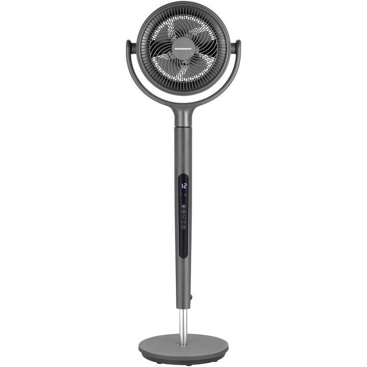 Вентилатор Heinner HSF-MAT24DC-GY, 24W, Oтделение за ароматерапия, 5 перки, Турбо, 12 скорости, DC мотор, Таймер, LED дисплей, Сензорно управление, Дистанционно управление, 3 режима, Височина 112 см, Сив
