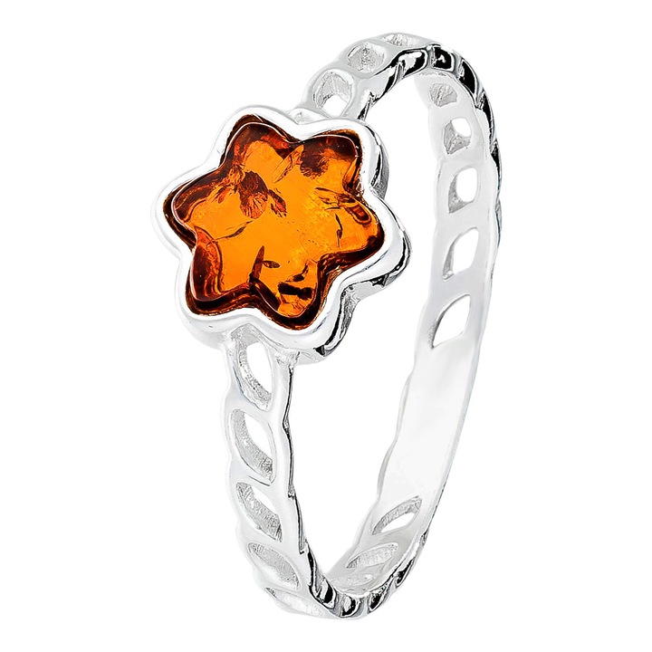 Inel cu floare din argint si chihlimbar, 7x7mm, inel ajurat din argint 925