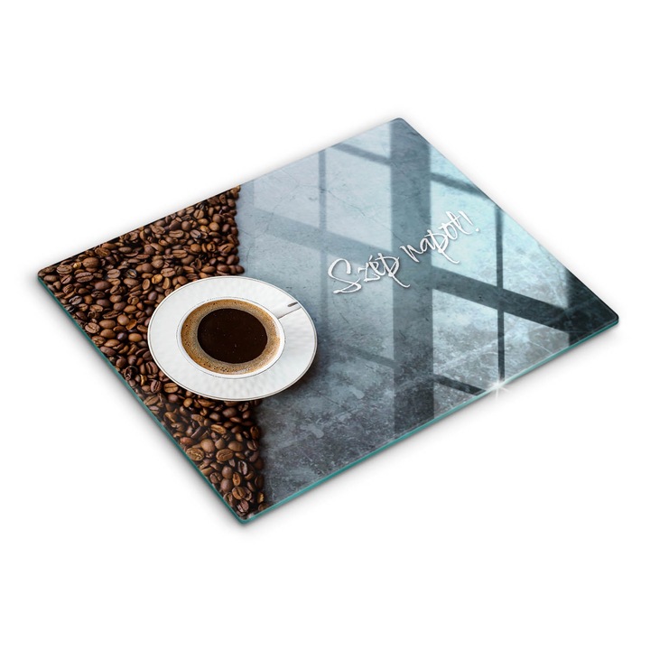 Üveg vágódeszka, Wallfluent, Kávécsésze Kellemes napot!, Szürke, 40x52 cm